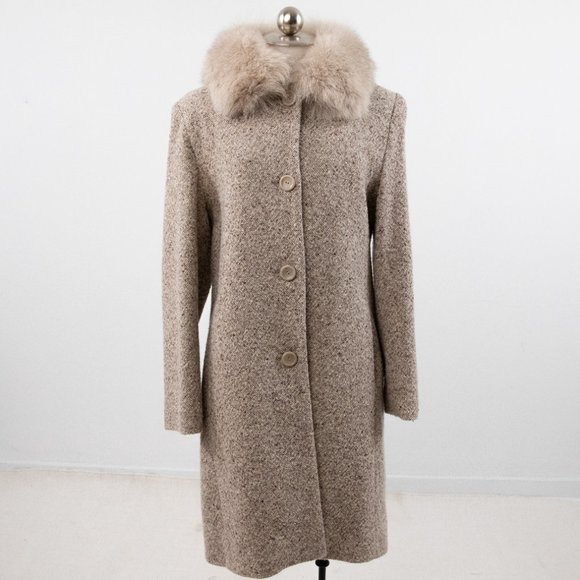 Vintage 90s M/L Fox Fur Collar Tweed Coat Tan - Picture 15 of 15